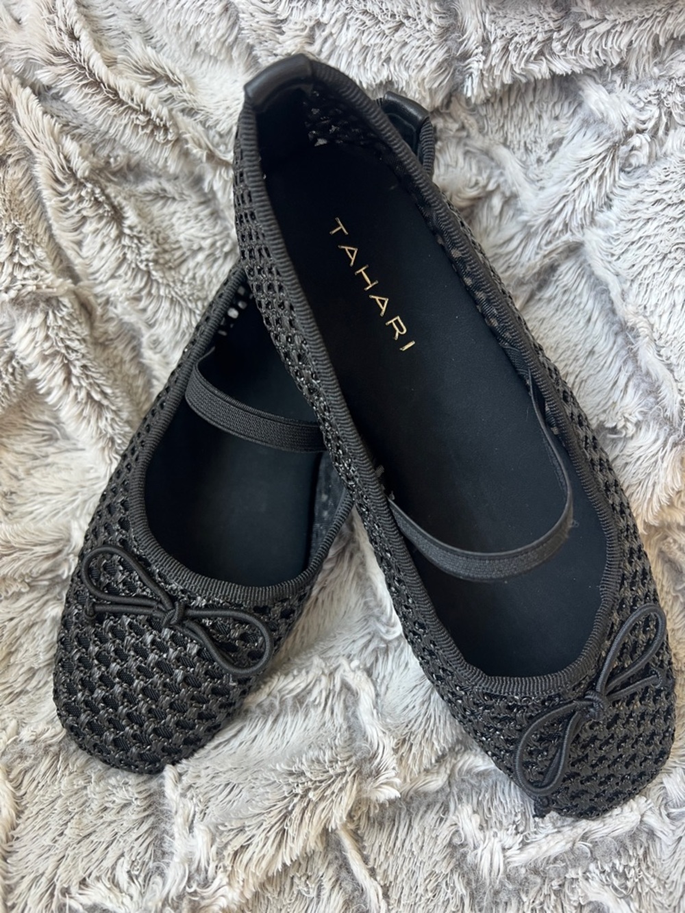Tahari Black Crochet Mary Jane Ballet Flats with Bow Accent